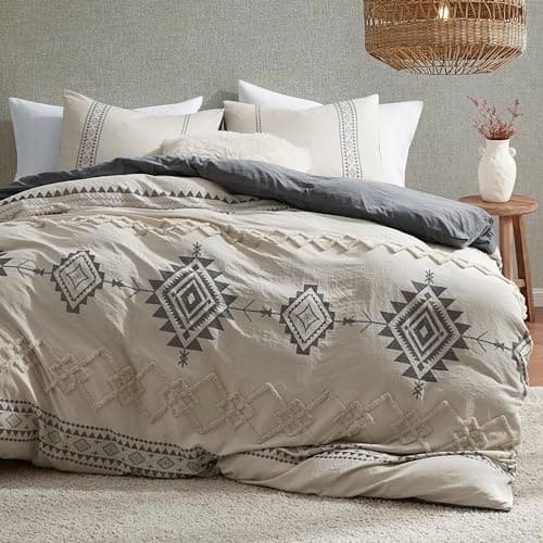 Oli Anderson Boho Duvet Cover Set Queen Size, Beige and Gray Color Clash 3 Pieces Microfiber Bedding Set, Durable and Super Soft Duvet Covers with Zipper and Ties, 90"*90" - Image 1