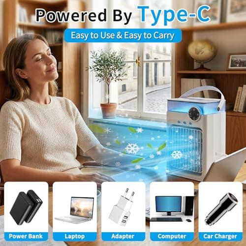 YFFU Portable Air Conditioner with Remote Control,1200ml Evaporative USB Mini Air Cooler Conditioner RGB 8 LEDs, 3 Speed 3 Spray Mode,2-8H Timer Small Portable Ac Unit for Home Bedroom,Pearl White - Thumbnail 5