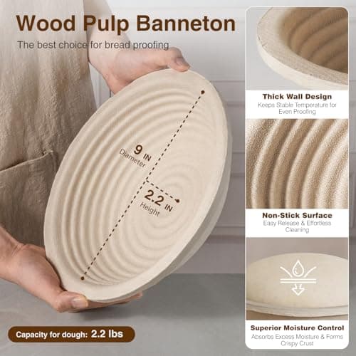 BAVIFY Sourdough Starter Kit, Banneton Bread Proofing Baskets Set, Sourdough Bread Baking Supplies Making Tools with Dough Scraper, Whisk, Bread Lame, Recipe, Wood Pulp Banneton - 2 Round Gift Set - Thumbnail 2
