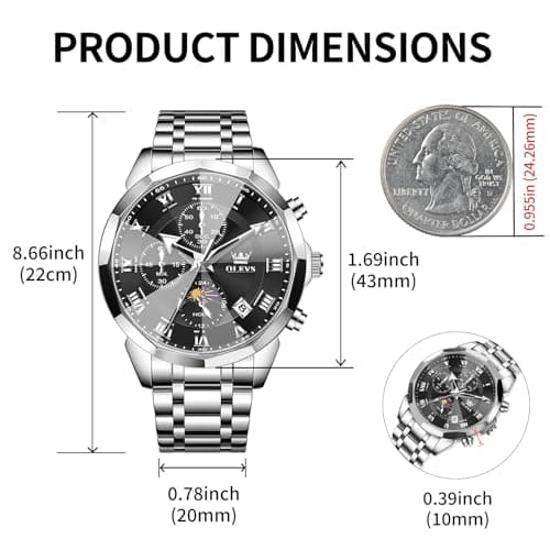 OLEVS Watch Men Luxury Black Face Sliver Stainless Steel Dress Waterproof Wrist Watches for Men Casual Analog Quartz Moon Phase Chronograph Mens Watch Relojes De Hombre - Thumbnail 4