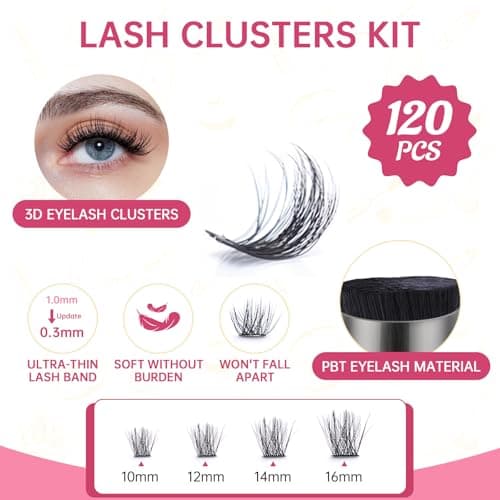Lash Clusters Kit 3D Eyelash Clusters 10-16MM Volume D Curl Cluster Eyelash Extensions Wispy Individual Lash Extensions Kit Anime Lashes Clusters Easy to Apply 120Pcs - Thumbnail 2