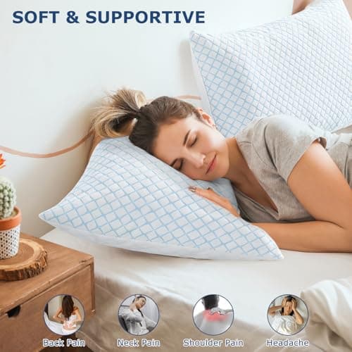 mislili Cooling Pillows Queen Size Set of 2, Adjustable Firm Shredded Memory Foam Queen Pillow, Queen Size Pillows for Stomach Back Side Sleepers, Washable Cover, with Extra Fill - Thumbnail 4