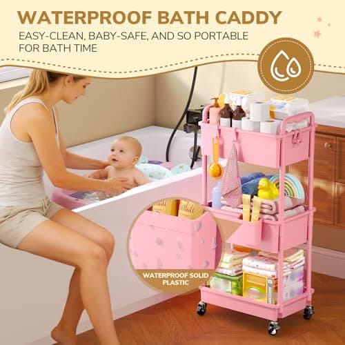 Goovilla Diaper Cart with Lockable Wheels and Easy Assembly, 3 Tier Pink Rolling Cart for Baby Nursery Storage, Sturdy Ample Diaper Caddy Organizer for Baby Girl, Boy, New Mom, Newborn Essentials - Thumbnail 3
