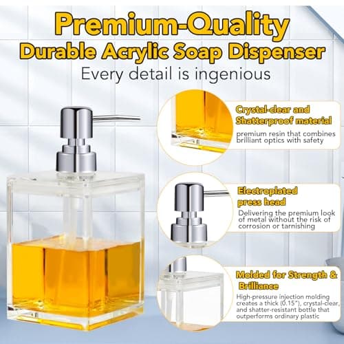 Acrylic Clear Soap Dispenser with Rust Proof Pump- 16.9 oz Square Hand Dish Soap Dispenser for Bathroom Kitchen, Modern Refillable Plastic Liquid Hand Soap Dispenser, Shampoo Detergent Bottle - Thumbnail 2