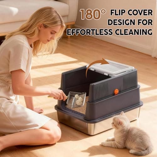 Stainless Steel Litter Box with Lid: Enclosed Cat Litter Box for Small Cats & Kitten, Metal Kitty Litter Pan with High Sided Enclosure, Include Scoop & Mat, Odor Control, Anti-Leakage - Thumbnail 4