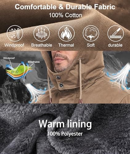Zoofly Thermal Jackets for Men Cotton with Liner Snowboard Coats Warm wither Jackets Mens Windproof Khaki 3XL - Thumbnail 4