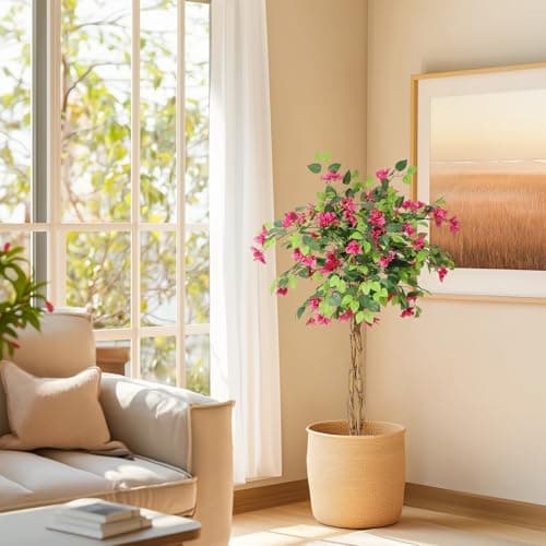 GarveeHome 4 ft Artificial Bougainvillea Tree, Tall Potted Fake Bougainvillea Trees, Faux Tree with Wood Trunk and Pink Flowers for Outdoor Indoor - Image 1