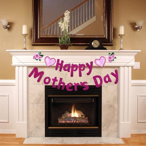 Oeyliz Happy Mother's Day Banner Mother's Banner Glitter Mom's Garland Sign DIY Mom Day Decorations Pink Flowers and Heart Patterns Outdoor Indoor Home Hanging Decorations Party Supplies - Thumbnail 2
