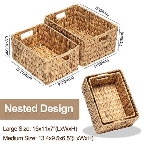 FairyHaus Wicker Baskets 15x11x7 & 13.4x9.5x6.5, 2 Pack Handmade Big Wicker Storage Basket with Handles, Natural Water Hyacinth Wicker Baskets for Storage Shelves Organizing, Rectangle Wicker Basket - Thumbnail 6