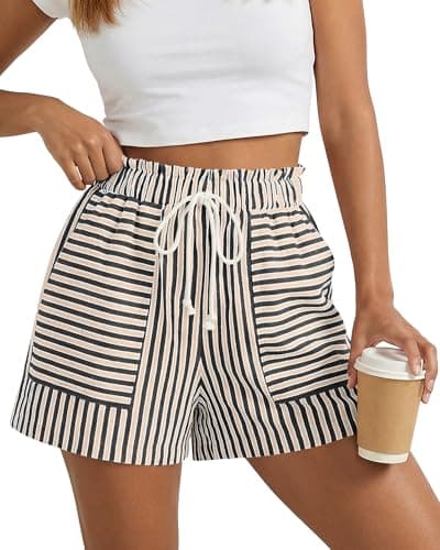 BTFBM Striped Summer Shorts for Women 2026 Loose Spring Casual Elastic Waist Lounge Resort Wear Vacation Beach Shorts(Black, XX-Large) - Image 1