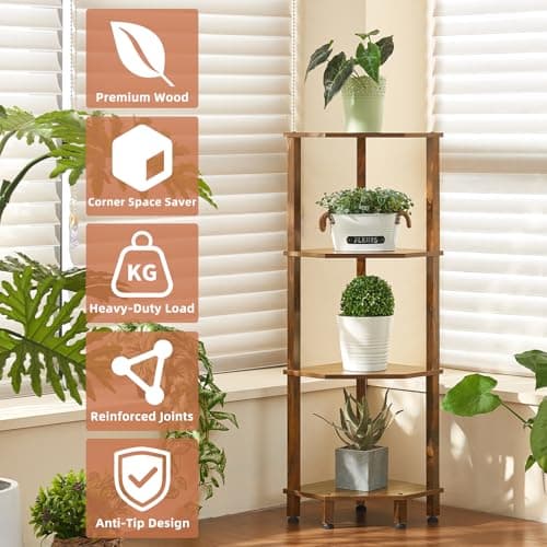 YUFAM 4-Tier Corner Shelf with Sturdy 5-Leg Base, 40in Tall Narrow Bookcase for Small Spaces, Wooden Plant Display Shelf, Thin Bookshelf for Living Room, Bedroom, Office, Brown - Thumbnail 6