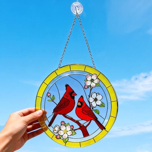 Cardinal Stained Glass Suncatcher for Window Hanging, Memorial Gift for Mom & Grandma, 8" Handcrafted Ripple Glass Red Cardinal, in Memory of Loved One, Mother's Day Keepsake - Thumbnail 2