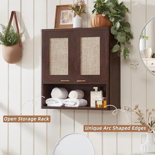 LEYAOYAO Rattan Bathroom Wall Cabinet, Boho Medicine Cabinet with Adjustable Shelf & Doors, Over The Toilet Storage Cabinets Organizer for Laundry Room, Kitchen, Living Room, Walnut - Thumbnail 4