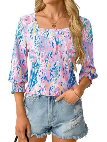 GKBK Womens 3/4 Sleeve Shirts Square Neck Dressy Casual Blouses Spring Summer Smocked Cuffs Tops - Thumbnail 5