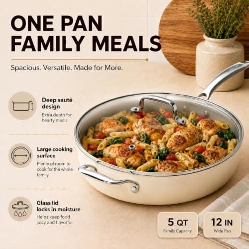 Kikcoin Nonstick Frying Pan with Lid - 12 inch Ceramic Deep Frying Pan for Cooking - 5 QT Large Saute Pan with Stay Cool Handle, Induction Ready, PFAS/PTFE/PFOA Free, All Oven/Dishwasher Safe - Thumbnail 2