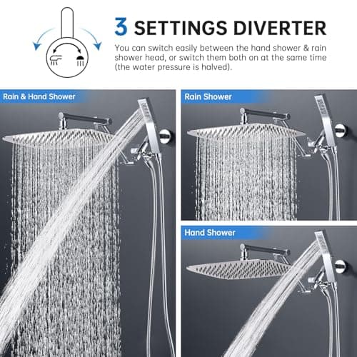 G-Promise All Metal 14 Inches Rainfall Shower Head with Handheld Spray Combo, 3 Settings Diverter, Adjustable Extension Arm with Lock Joints, 71 Inches Stainless Steel Hose (Chrome) - Thumbnail 3