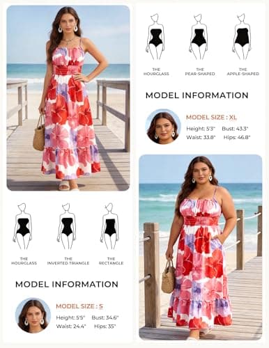 GRACE KARIN Women's Floral Print Smocked Dresses Spaghetti Strap Square Neck Ruffle Boho Tiered Lone Maxi Dress Red Floral M - Thumbnail 6