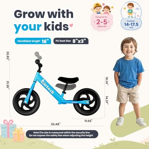 Birtech Balance Bike for 2-5 Year Old, 12 Inch Toddler Bike No Pedal Training Bicycle with Adjustable Seat Height, Airless Tire (Light Blue) - Thumbnail 3