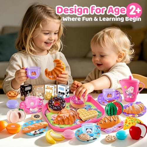 Drefirsa Girl Play Food-Tea Party Set, Plastic Play Kitchen Toy Accessories with Pink Picnic Case, Cutting Fruit, Bread, Pot, Cup, Toddler Girl Toy for 2 3 4 5 6 Year Birthday Gift - Thumbnail 3
