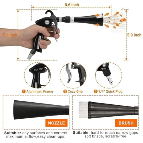 Duriumon Tornado Car Cleaning Gun with 2 Set Nozzle, Air Blower Gun for Car Detailing with Brush, High Pressure Dry Cleaning Gun Quickly Blasts Dust & Dirt Works with Air Compressor - Thumbnail 2