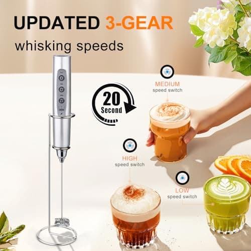 YUSWKO Silver Rechargeable Milk Frother for Coffee with Stand, Handheld Drink Mixer with 3 Heads 3 Speeds Electric Stirrers for Latte, Cappuccino, Hot Chocolate, Egg - Thumbnail 3
