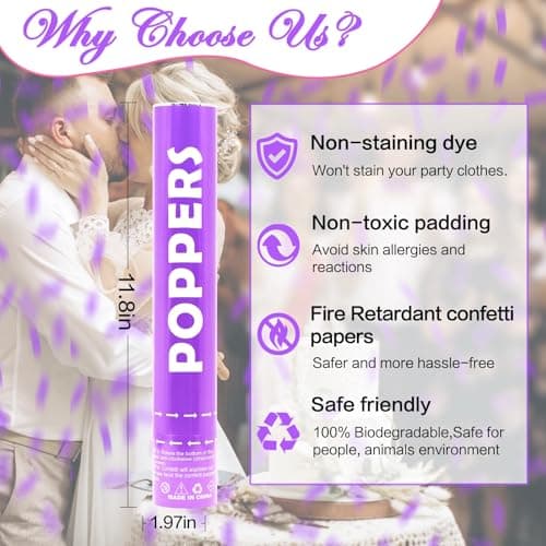Confetti Cannon 12Pack Purple Party Popper Shooters 12 Inch Confftti Poppers for Wedding Birthday Graduation Christmas New Year Eve Party Supply Launches 20-25ft - Thumbnail 2