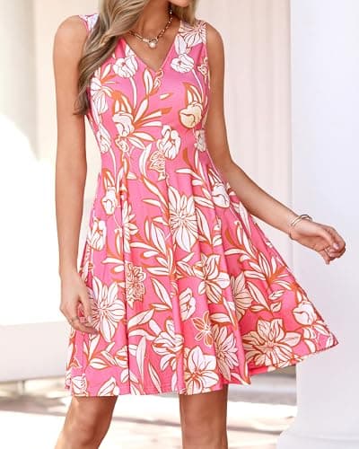 BTFBM Womens Summer Dresses 2026 Spring Casual Sleeveless Floral Knit Flowy A-Line Mini Dress Pockets Beach Sundress(Floral Pink Beige, Large) - Thumbnail 2