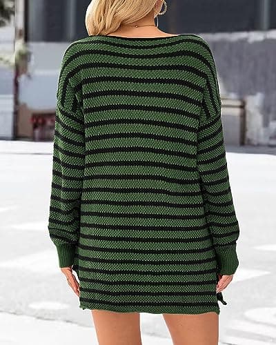 KIRUNDO Women's 2026 Fall Winter Oversized Long Sleeve Striped Sweater Casual Crewneck Side Split Pullover Knit Tops(Dark Army Green, Large) - Thumbnail 5