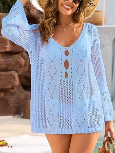 VIAURBE Womens Bathing Suit Coverups Sexy Scoop Neck Long Sleeve Knit Bikini Cover Ups for Women Beach Dresses Light Blue L - Thumbnail 4