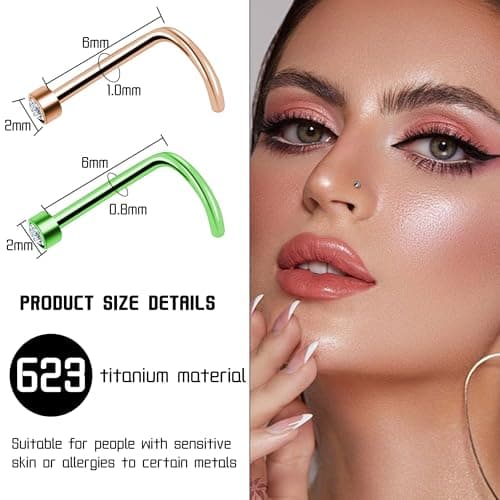 BOGKU 8pcs Nose Rings Titanium Nose Piercings Screw for Women 18G Nose Rings Studs Hypoallergenic Body Piercing Jewelry Set for Women Men - Thumbnail 2