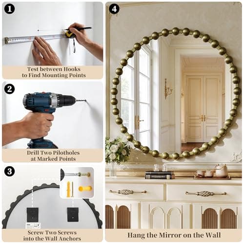 WISSMIELS Round Vintage Vanity Mirror, 24 Inch Beaded Frame Circle Wall Mirror for Bathroom, Bedroom Dresser, Entryway, Living Room, Decorative Hanging Wall Mirror, Bronze - Thumbnail 5