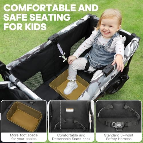 ELEMARA All-Terrain Stroller Wagon for 2 Kids, Foldable Kids Wagon Stroller Includes Removable Canopy,Mosquito net, Adjustable Push＆Pull Handle,Snack Tray & Cup Holders, Storage Basket, Black+White - Thumbnail 3