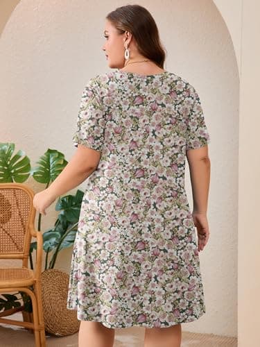 AusLook Plus Size Midi Dress for Women Floral Pink 4X Short Sleeve V Neck Criss Cross A Line Summer Casual Vacation Dress T-Shirt 2026 Sundresses with Pockets - Thumbnail 6