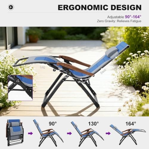 PURPLE LEAF Extra Wide Outdoor Reclining Chair Patio Zero Gravity Chaise Lounge Folding Chair with Quilted Cushion Adjustable Headrest for Lawn Camping Beach Pool Grey and Navy Blue - Thumbnail 4