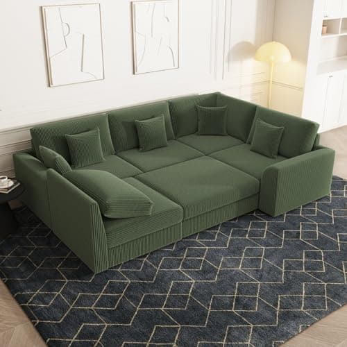 Oversized Modular Sectional Sofa with Storage, Modern Sleeper Sofa, Extra Deep Seat Comfy Corduroy Cloud Couch with Ottoman and 5 Pillows for Living Room (U Shape Sectional with Storage, Green) - Thumbnail 5