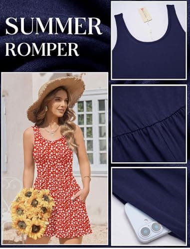 Ekouaer Rompers for Women Summer Romper Sleeveless Scoop Neck Short Jumpsuits for Women Beach Jumpsuit with Pockets 2026 Red Floral Small - Thumbnail 6