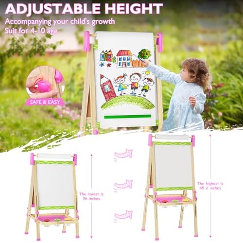 Adjustable Double-Sided Magnetic Wooden Easel for Kids with Paper Roll - Thumbnail 3