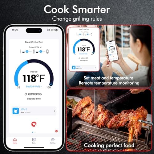 CaloriMastery Wireless Smart Bluetooth Meat Thermometer Digital for BBQ, Grill, Oven, Smoker, 500ft Range Cooking Thermometer with Ultra-Thin Wireless Meat Probe, Perfect for Steak, Chicken, Turkey - Thumbnail 3