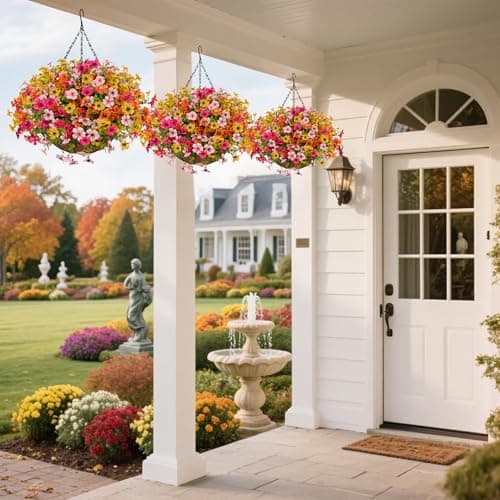 Artificial Flowers with Hanging Baskets Outdoors for Decoration Spring Summer Faux Daisy for outdoor planters Fake artificial hanging plants UV Resistant for Porch Home Patio Decor (Honey Gold) - Thumbnail 6