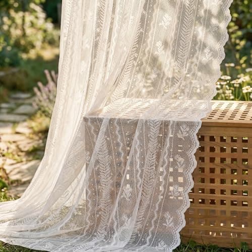 NICETOWN Outdoor Lace Curtains for Patio Waterproof, White Sheer Drapes for Porch Pergola, Gazebo Chic Decor with Lily of the Valley Striped Wave Edge, Rod Pocket Top, 2 Panels, W54 x L96 in - Thumbnail 6