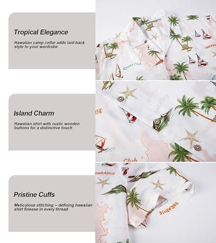 Damipow Mens Unique Pattern Hawaiian Shirt Beach Tropical Button Up Shirts Vacation Cruise Hawaii Summer Clothes,White,XL - Thumbnail 5