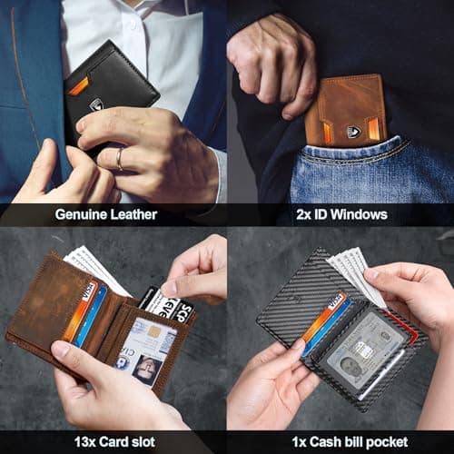 GSOIAX Wallet for Men, Slim Top Grain Leather Wallet with 13 Card Slots & 1 Bill Compartment - RFID Blocking Thin Minimalist Bifold, Front Pocket Credit Card Holder, Mens Birthday Gift (BLACK) - Thumbnail 5