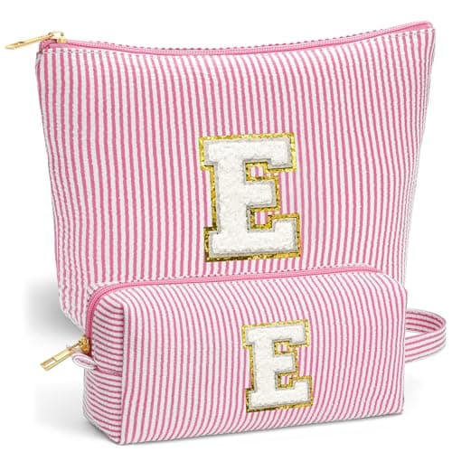 Fohufo Initial Makeup Bag Set - Cute Pink Stuff for Women, Makeup Pouch Cosmetic Bag, Travel Essentials Toiletry Bag, Birthday Christmas Gifts for Women Stocking Stuffers, Pink Letter E - Image 1