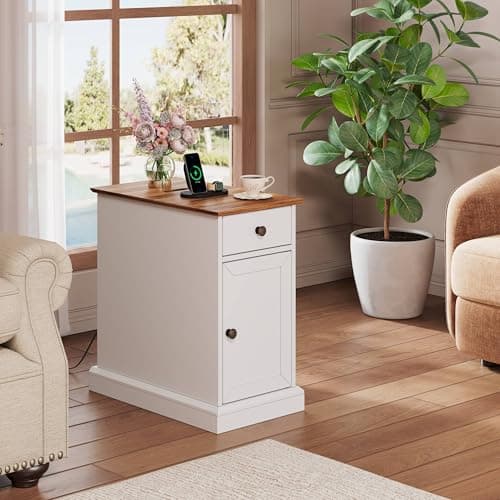 WLIVE End Table with Charging Station, Narrow Sied Table with Drawer & Cabinet, Side Table with Adjustable Shelf for Living Room/Bedroom, Farmhouse Nightstand with Hidden USB Ports and Outlets, White - Thumbnail 2