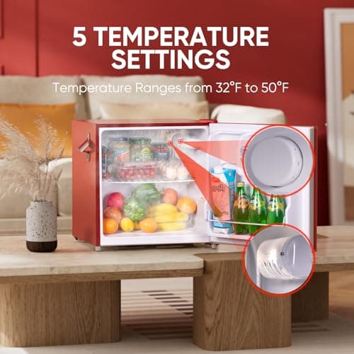 Upstreman 1.7 Cu.Ft Retro Mini Fridge, Low Noise, Energy Saving, Adjustable Thermostat, Single Door, Side Bottle Opener, Metal Handle, Compact Refrigerator for Office, Bedroom, Dorm-FR17 PRO (Red) - Thumbnail 5