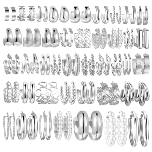 42 Pairs sliver Hoop Earrings Set for Women, Fashion Chunky Pearl Earrings Multipack Twisted Statement Earring Pack, Hypoallergenic Small Big Hoops Earrings (09-sliver chunky-42 pairs) - Image 1