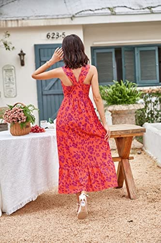 GRACE KARIN 2025 Summer Women's Criss Cross Halterneck Sleeveless Floral Print Flowy A Line Maxi Dress Orange Purple XXL - Thumbnail 5