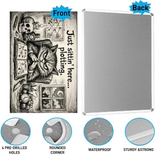 Just Sittin Here Plotting Metal Tin Sign Dark Humor Cat Artwork Funny Bathroom Wall Decor Gothic Sketch Style Plaque Restroom Home Office Gift 8x12 Inch Pre Drilled Hanging Art - Thumbnail 6