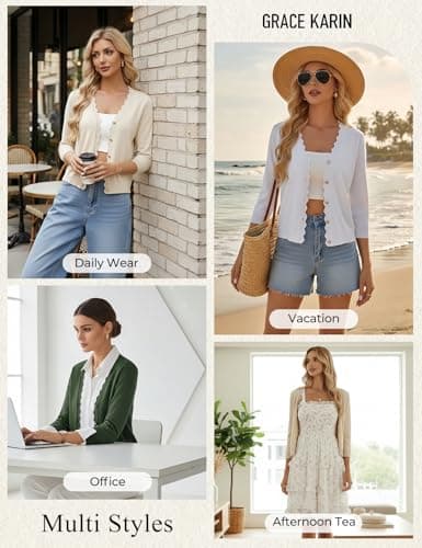 GRACE KARIN Beige Cardigan Sweater for Women Dressy Casual Bolero Shrugs Lightweight 3/4 Sleeve Cropped Open Front Knit Blazer - Thumbnail 2