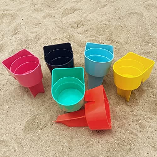 Home Queen Beach Cup Holder with Pocket, Multifunctional Sand Cup Holder for Beverage Phone Sunglass Key, Beach Accessory Drink Sand Coaster, Set of 6 (Navy, Teal, Yellow, Orange, Blue and Pink) - Thumbnail 2